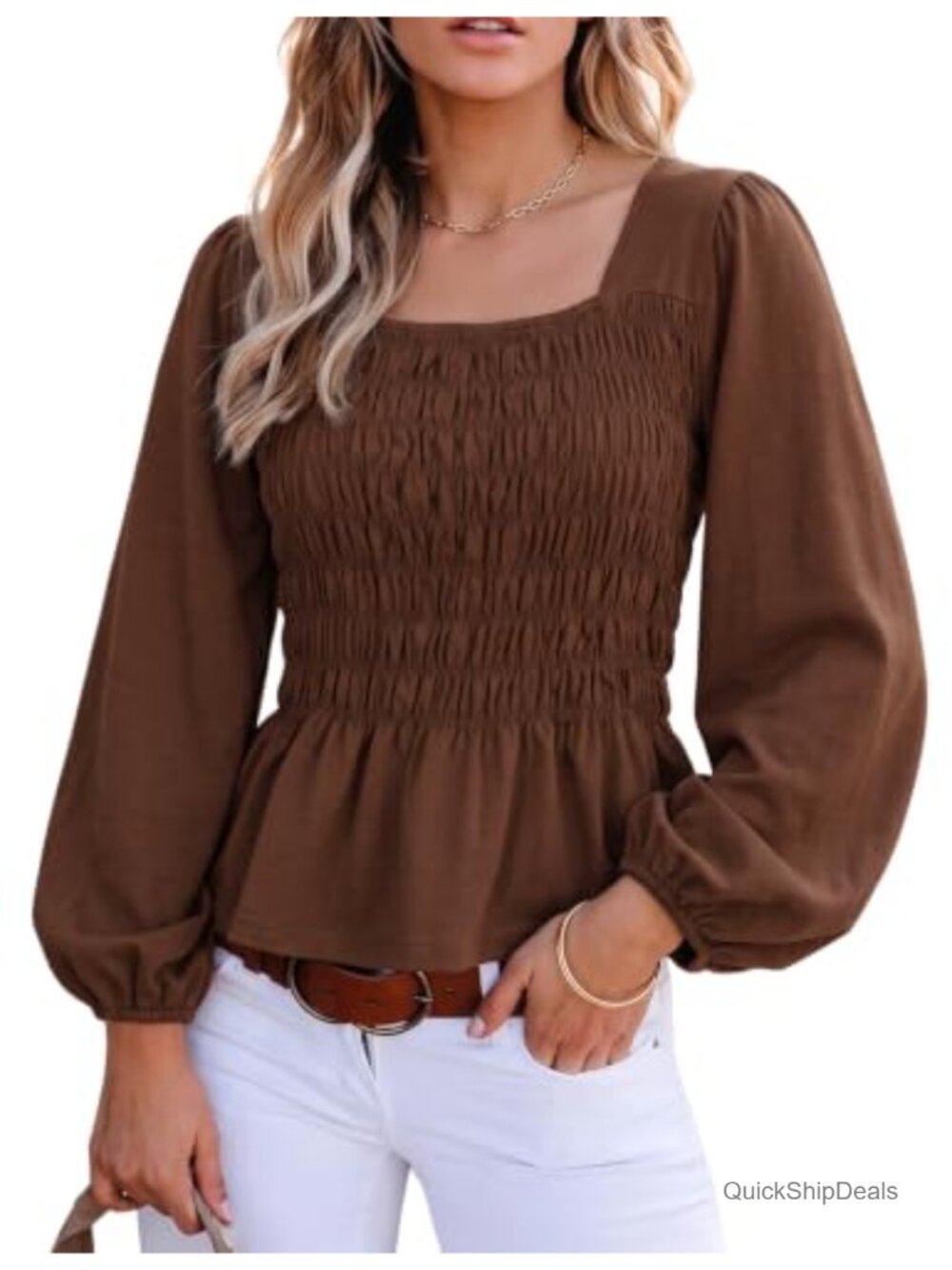 Square Neck Smocked Peplum Top Long Sleeve Knit Blouse for Women